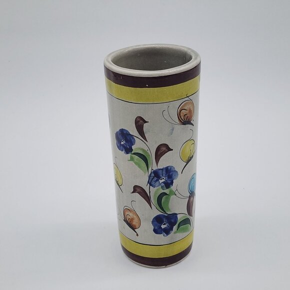Tonala Cylinder Vase Butterflies Brown Yellow Signed 6.75" Tall VTG 1970s - Picture 4 of 10